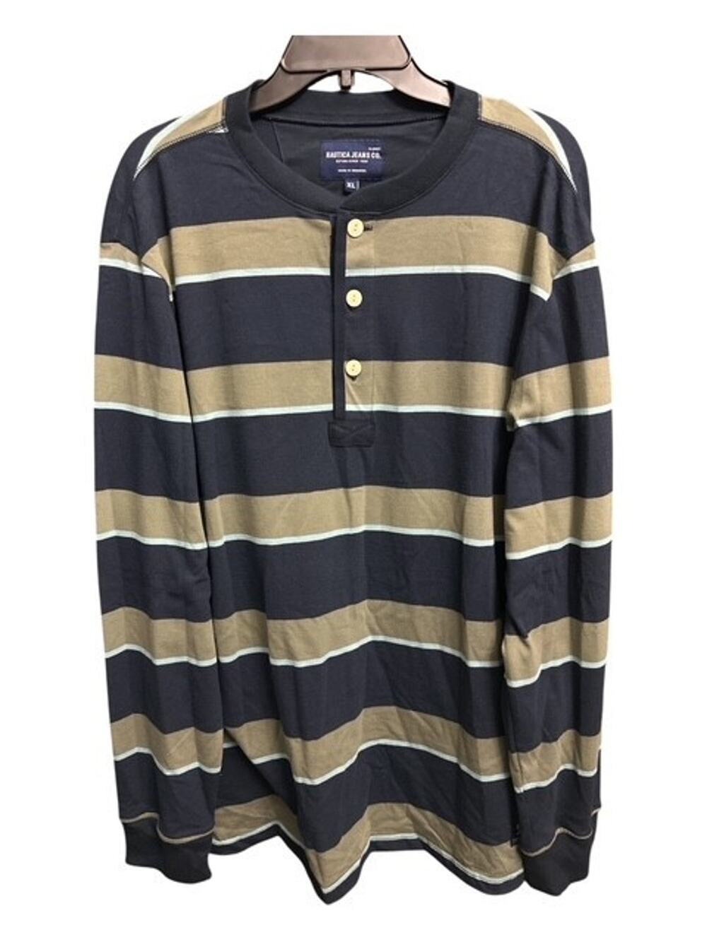 Nautica Jeans Co Mens XL Henley Shirt BLUE Green Striped 3 Buttons Long Sleeves